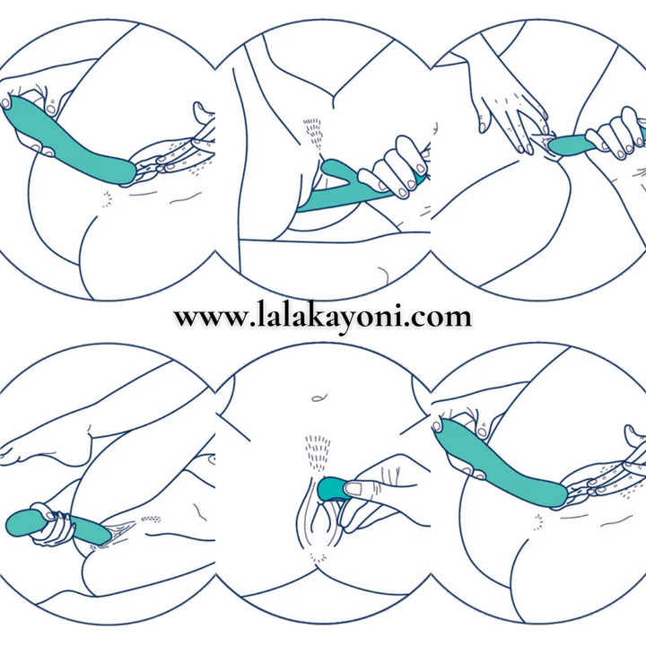 Illustrations montrant différentes utilisations des sextoys et vibromasseurs verts avec le texte 'www.lalakavoni.com' au centre
